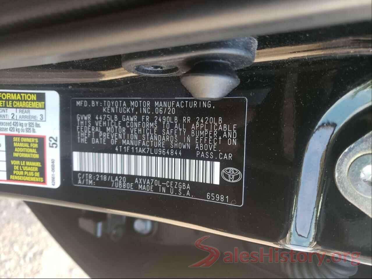 4T1F11AK7LU964844 2020 TOYOTA CAMRY