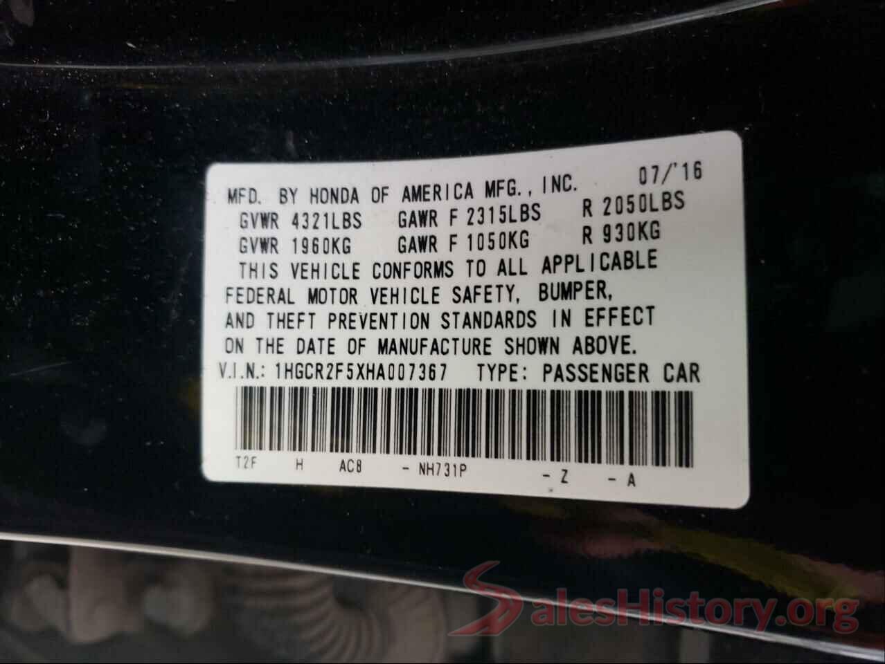 1HGCR2F5XHA007367 2017 HONDA ACCORD