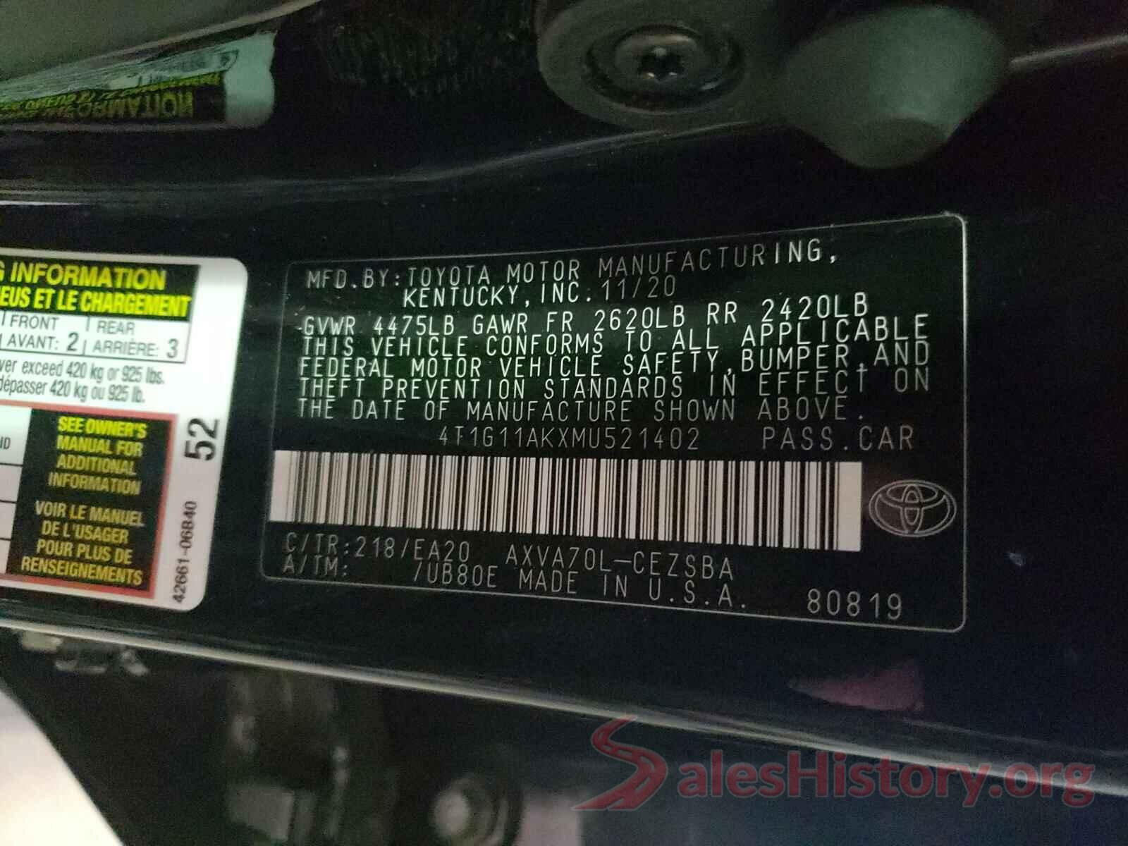 4T1G11AKXMU521402 2021 TOYOTA CAMRY