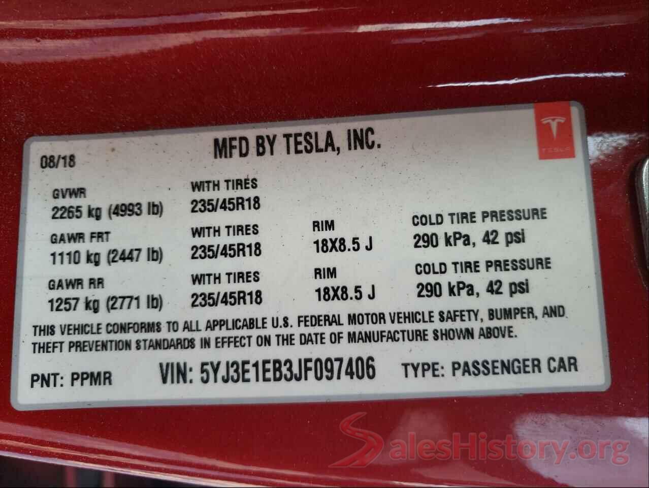 5YJ3E1EB3JF097406 2018 TESLA MODEL 3