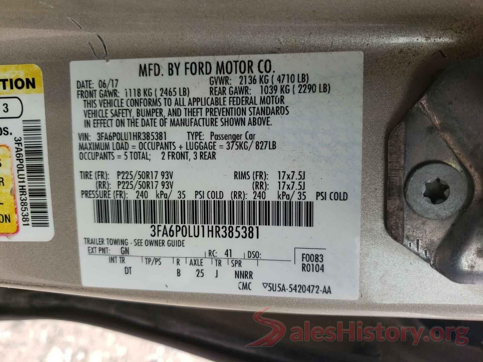 3FA6P0LU1HR385381 2017 FORD FUSION