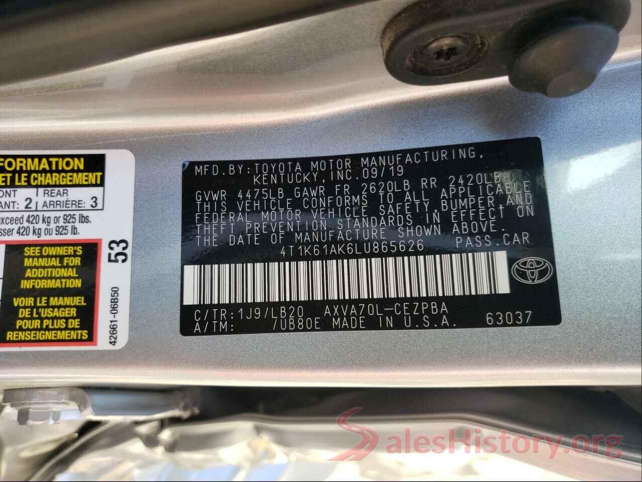 4T1K61AK6LU865626 2020 TOYOTA CAMRY