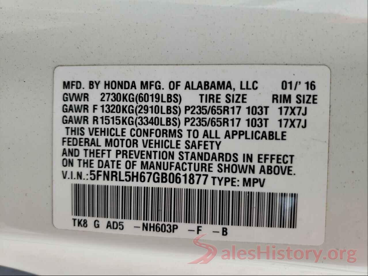 5FNRL5H67GB061877 2016 HONDA ODYSSEY