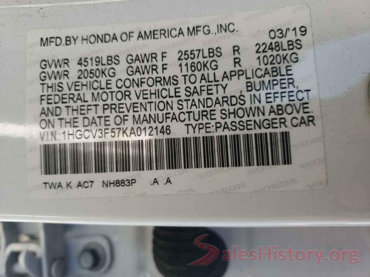 1HGCV3F57KA012146 2019 HONDA ACCORD