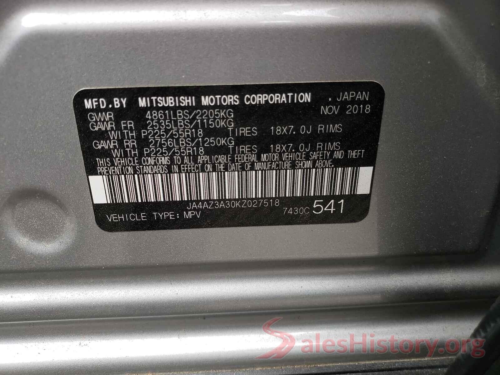 JA4AZ3A30KZ027518 2019 MITSUBISHI OUTLANDER