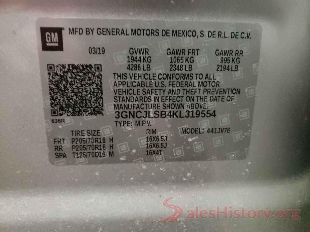 3GNCJLSB4KL319554 2019 CHEVROLET TRAX