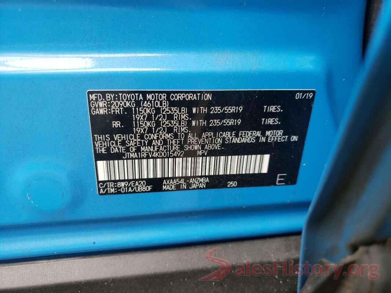 JTMA1RFV4KD015492 2019 TOYOTA RAV4