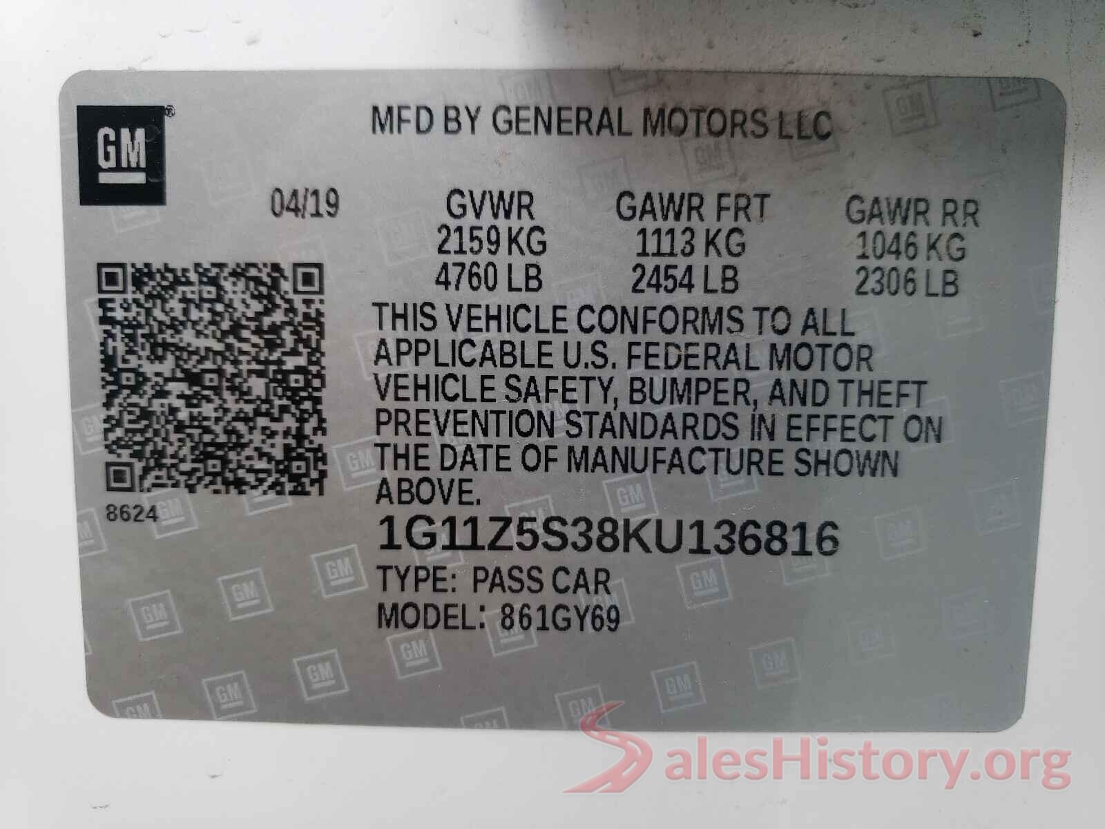 1G11Z5S38KU136816 2019 CHEVROLET IMPALA