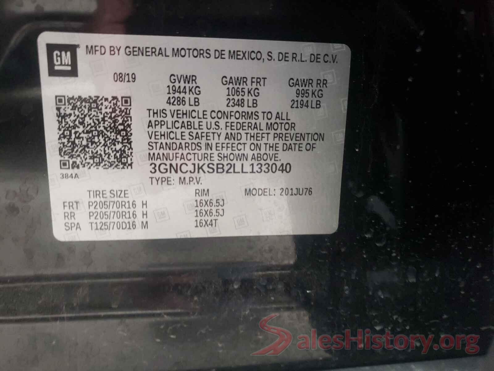 3GNCJKSB2LL133040 2020 CHEVROLET TRAX