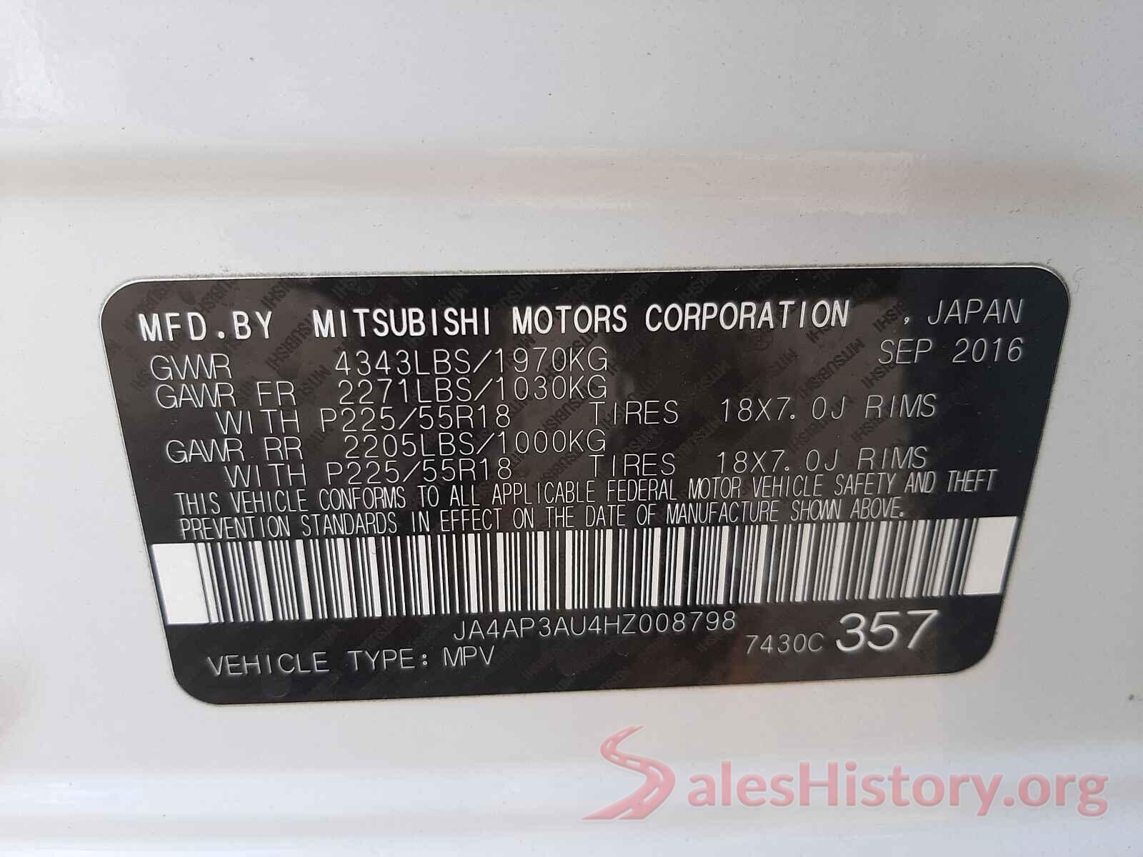 JA4AP3AU4HZ008798 2017 MITSUBISHI OUTLANDER