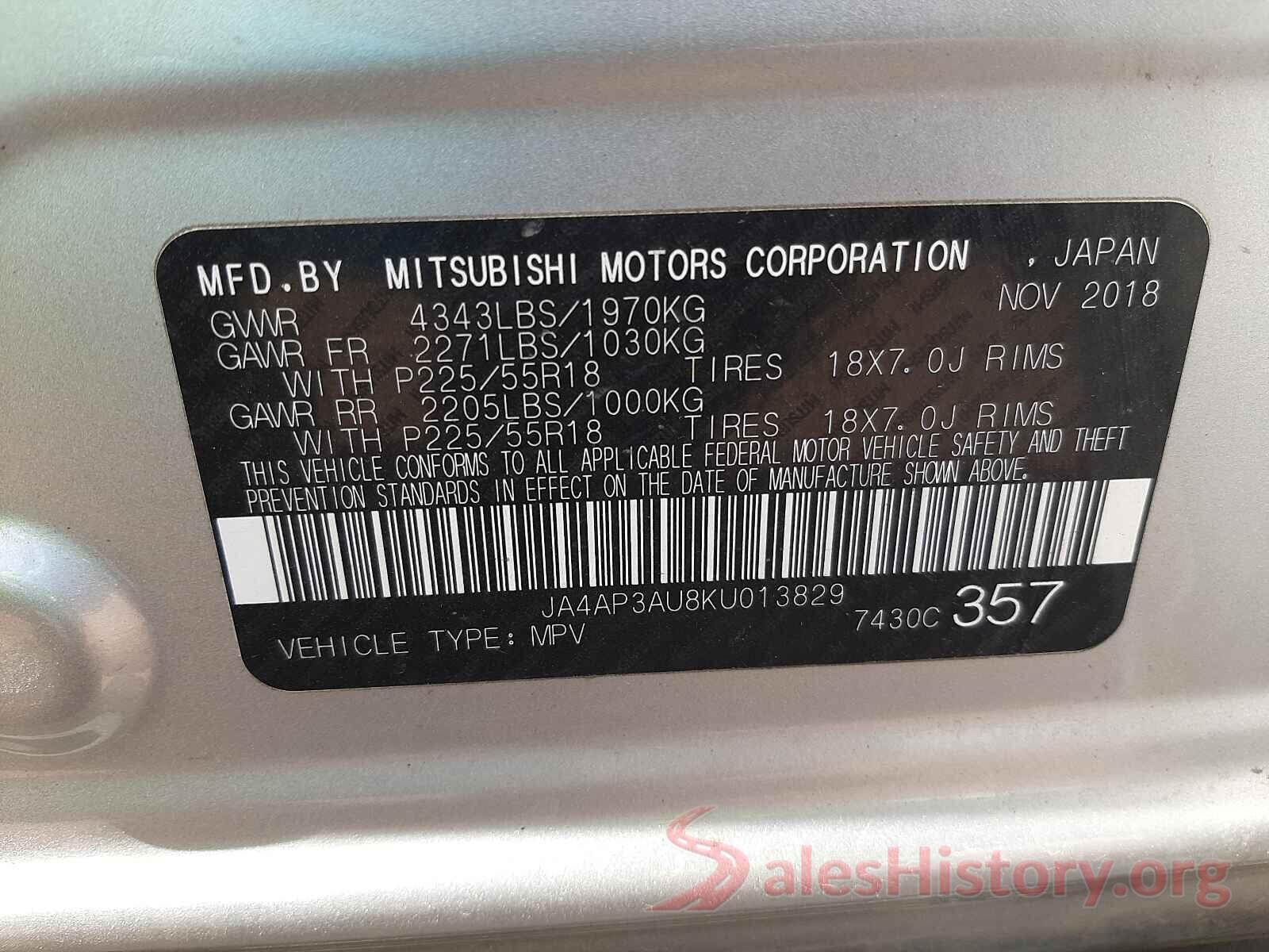 JA4AP3AU8KU013829 2019 MITSUBISHI OUTLANDER