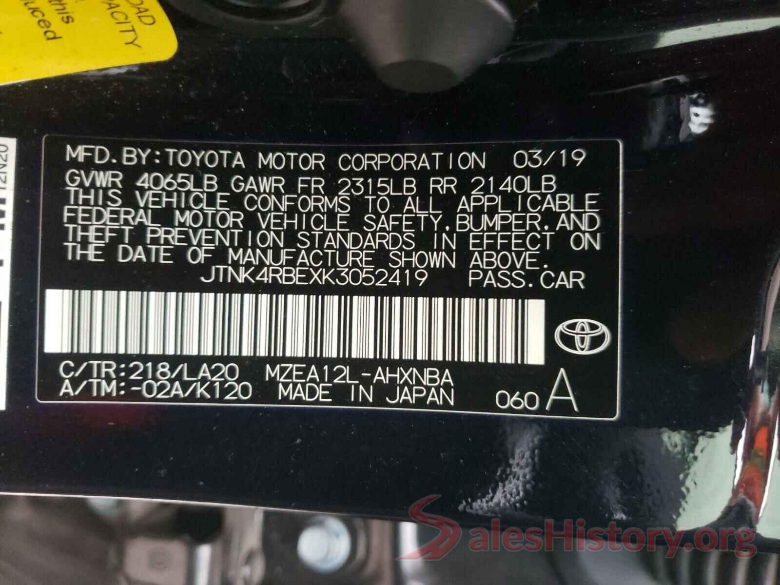 JTNK4RBEXK3052419 2019 TOYOTA COROLLA