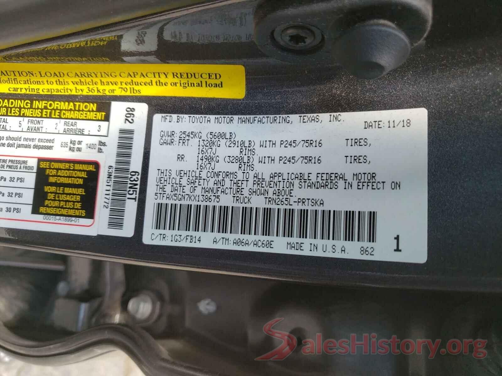 5TFAX5GN7KX138675 2019 TOYOTA TACOMA