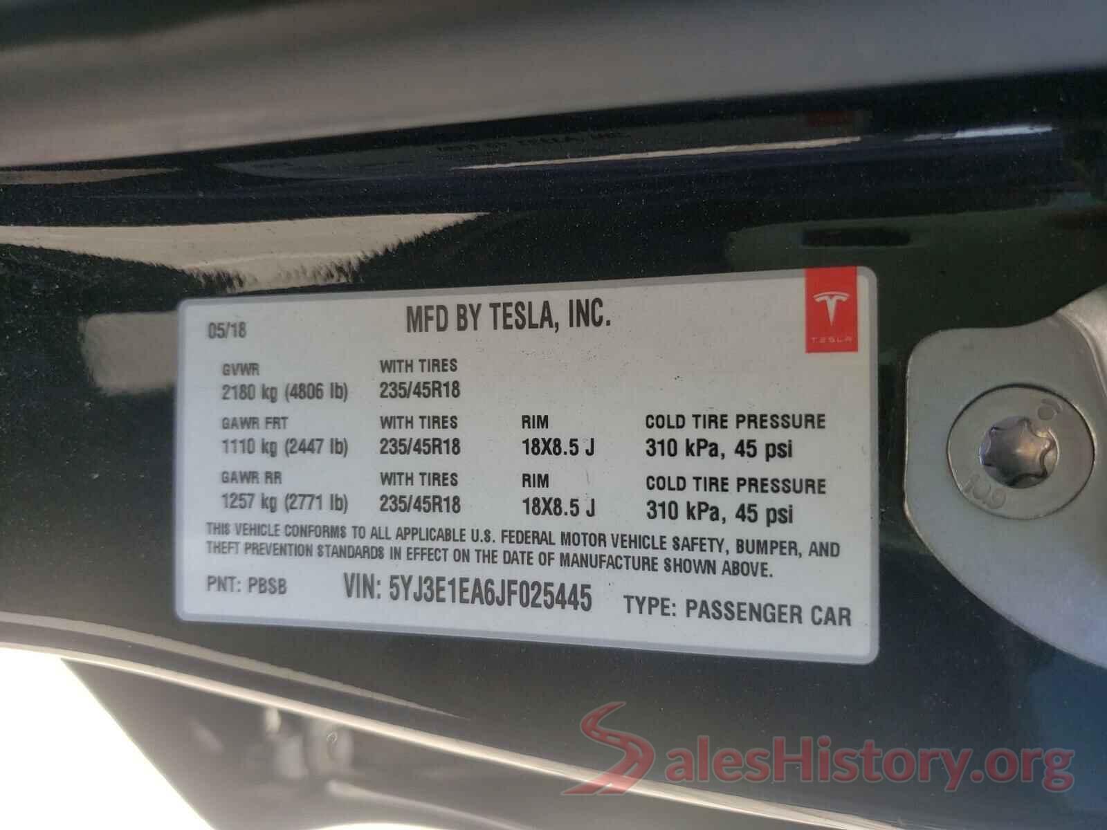 5YJ3E1EA6JF025445 2018 TESLA MODEL 3