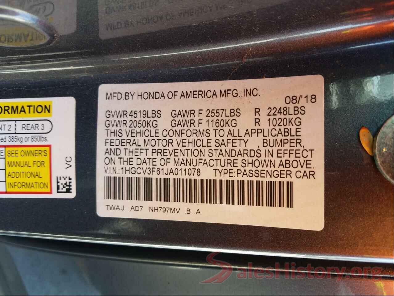 1HGCV3F61JA011078 2018 HONDA ACCORD