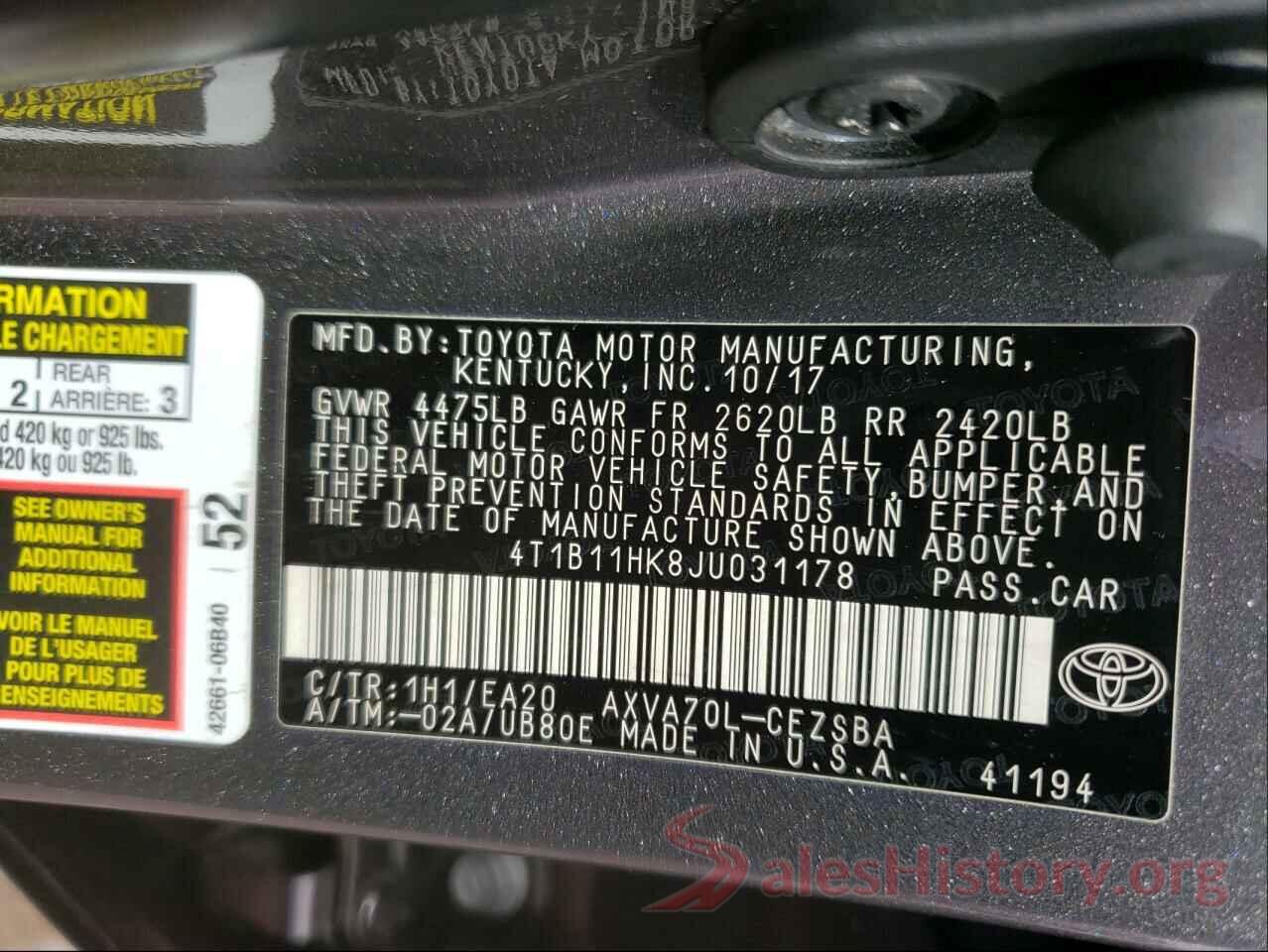 4T1B11HK8JU031178 2018 TOYOTA CAMRY