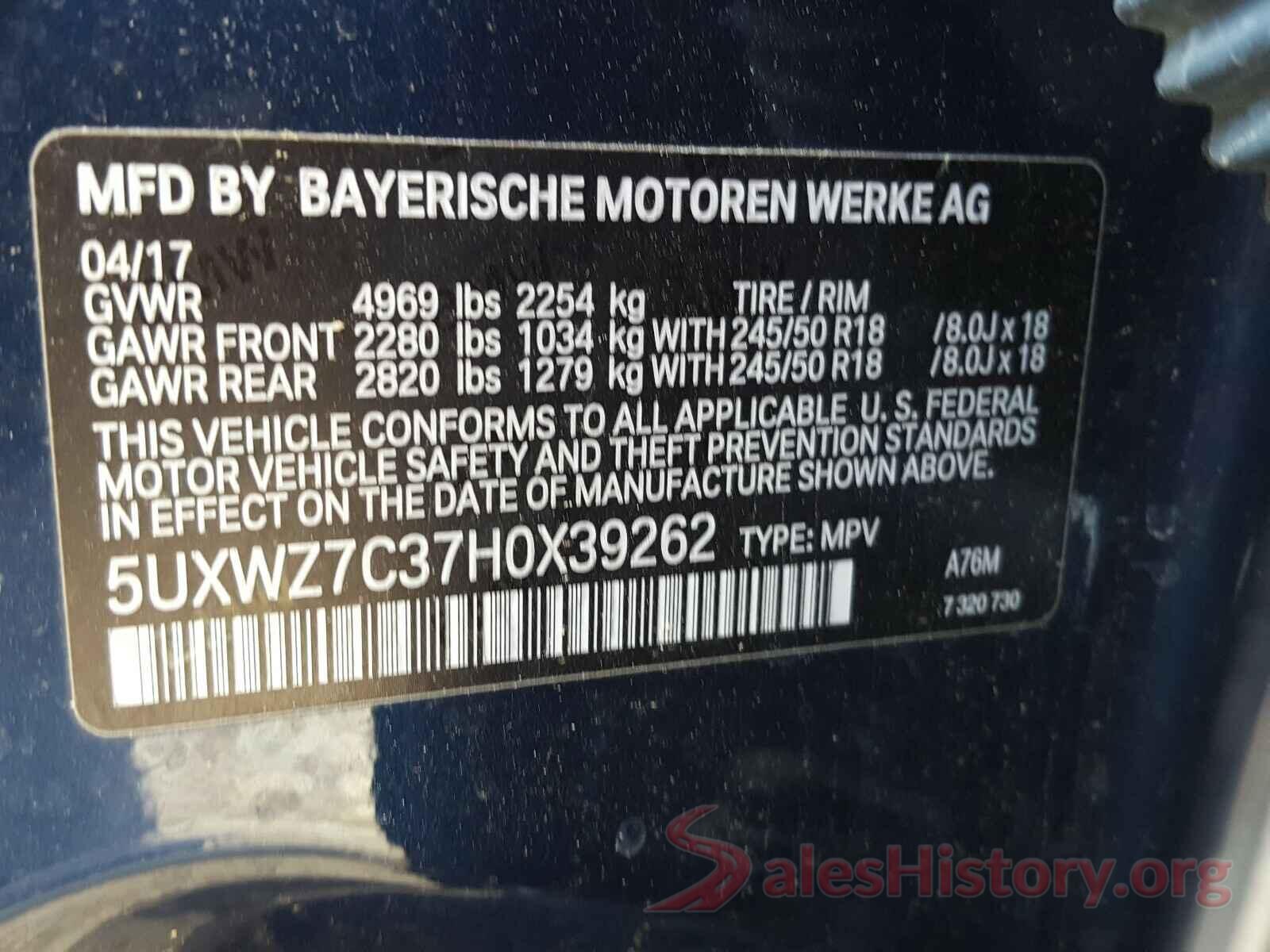 5UXWZ7C37H0X39262 2017 BMW X3