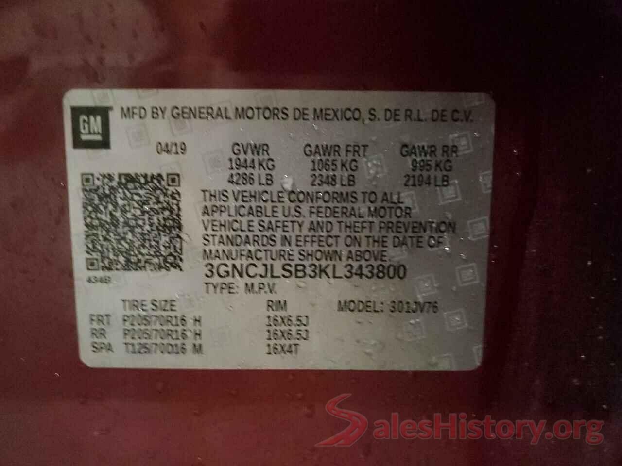 3GNCJLSB3KL343800 2019 CHEVROLET TRAX