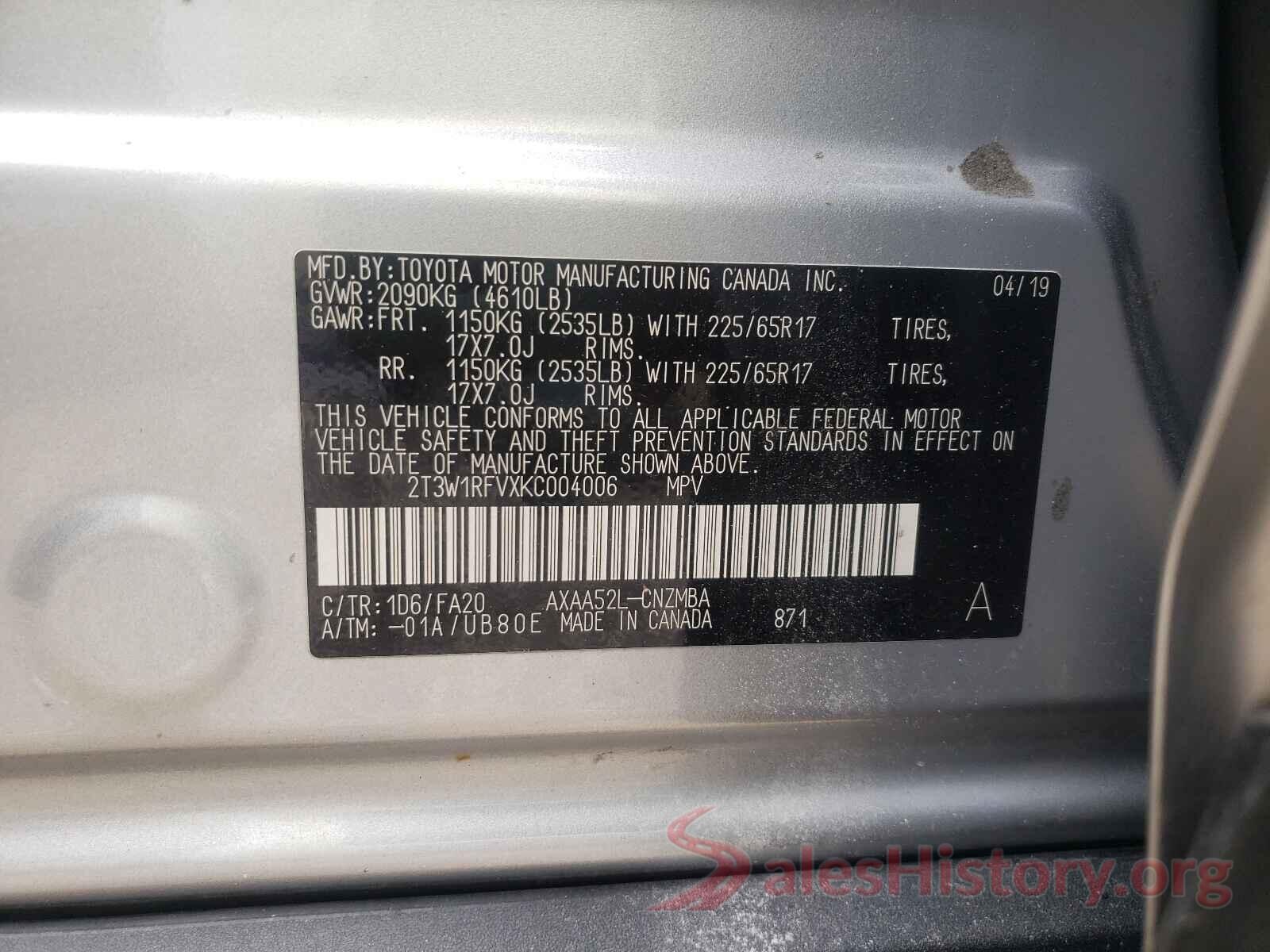 2T3W1RFVXKC004006 2019 TOYOTA RAV4