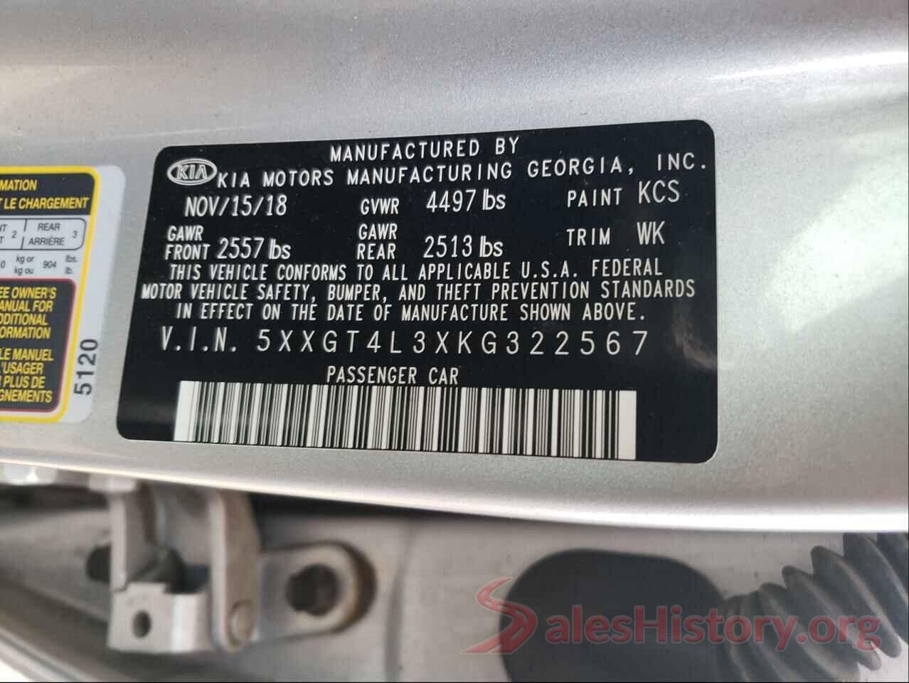 5XXGT4L3XKG322567 2019 KIA OPTIMA