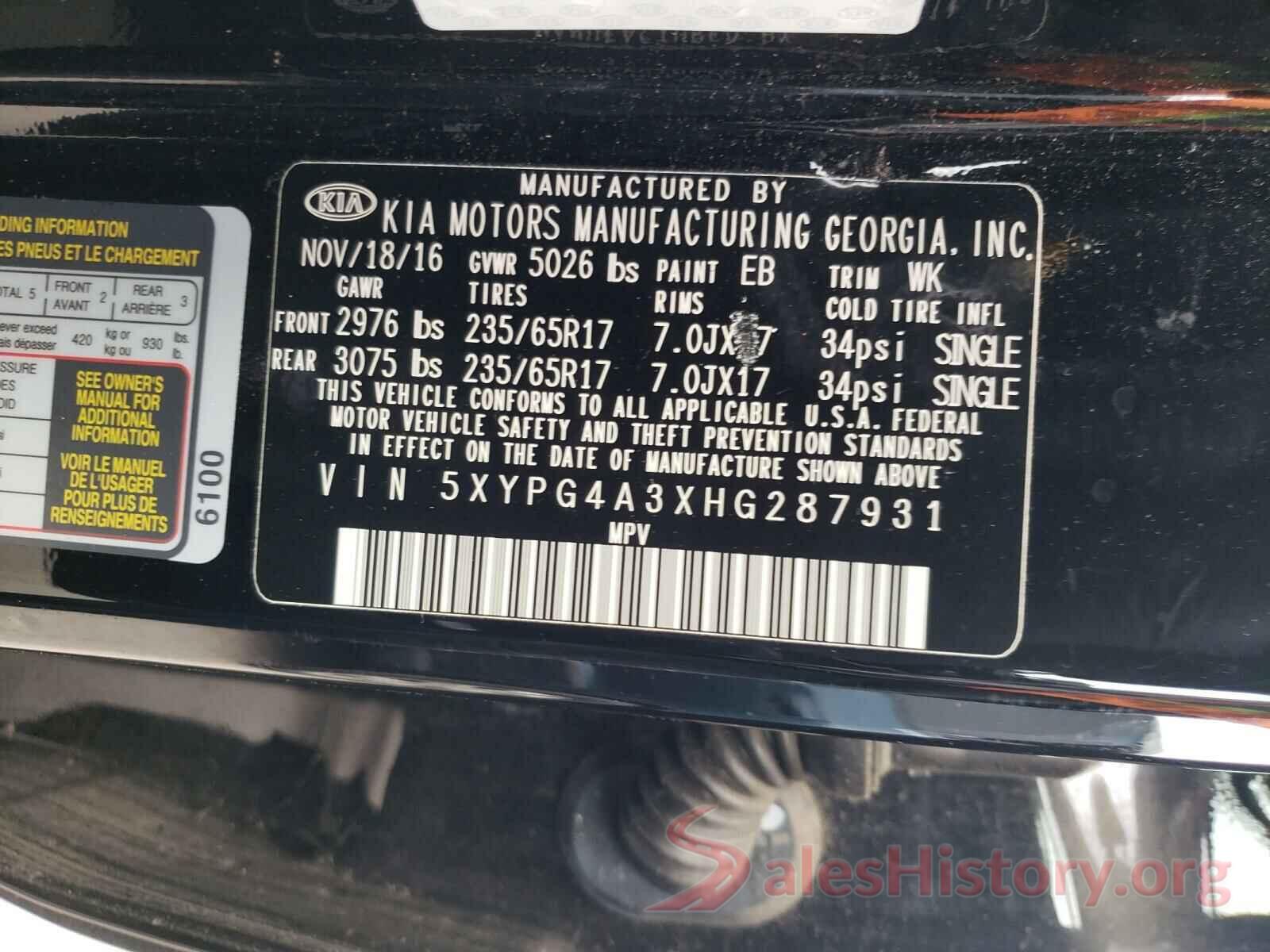 5XYPG4A3XHG287931 2017 KIA SORENTO