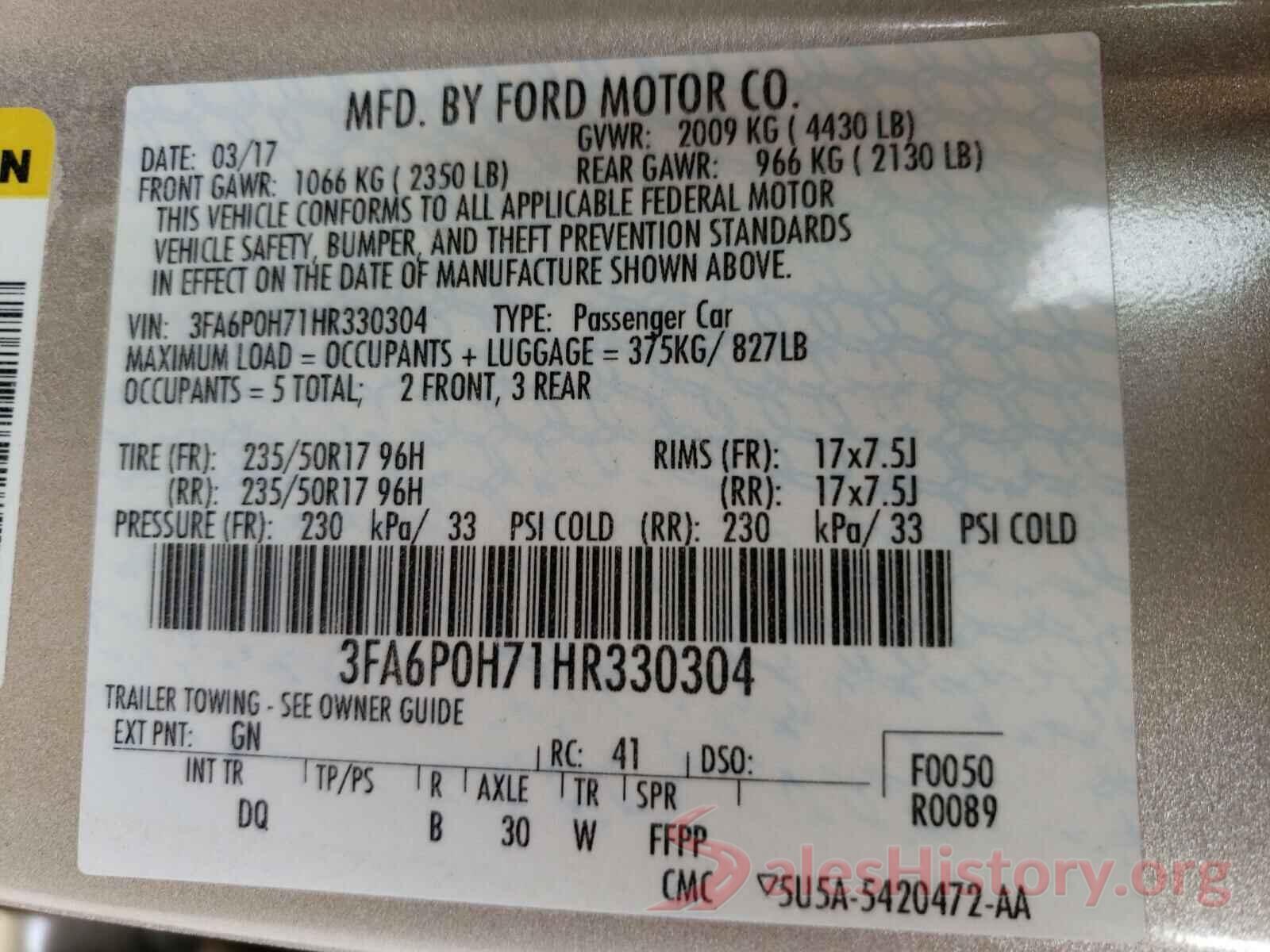 3FA6P0H71HR330304 2017 FORD FUSION