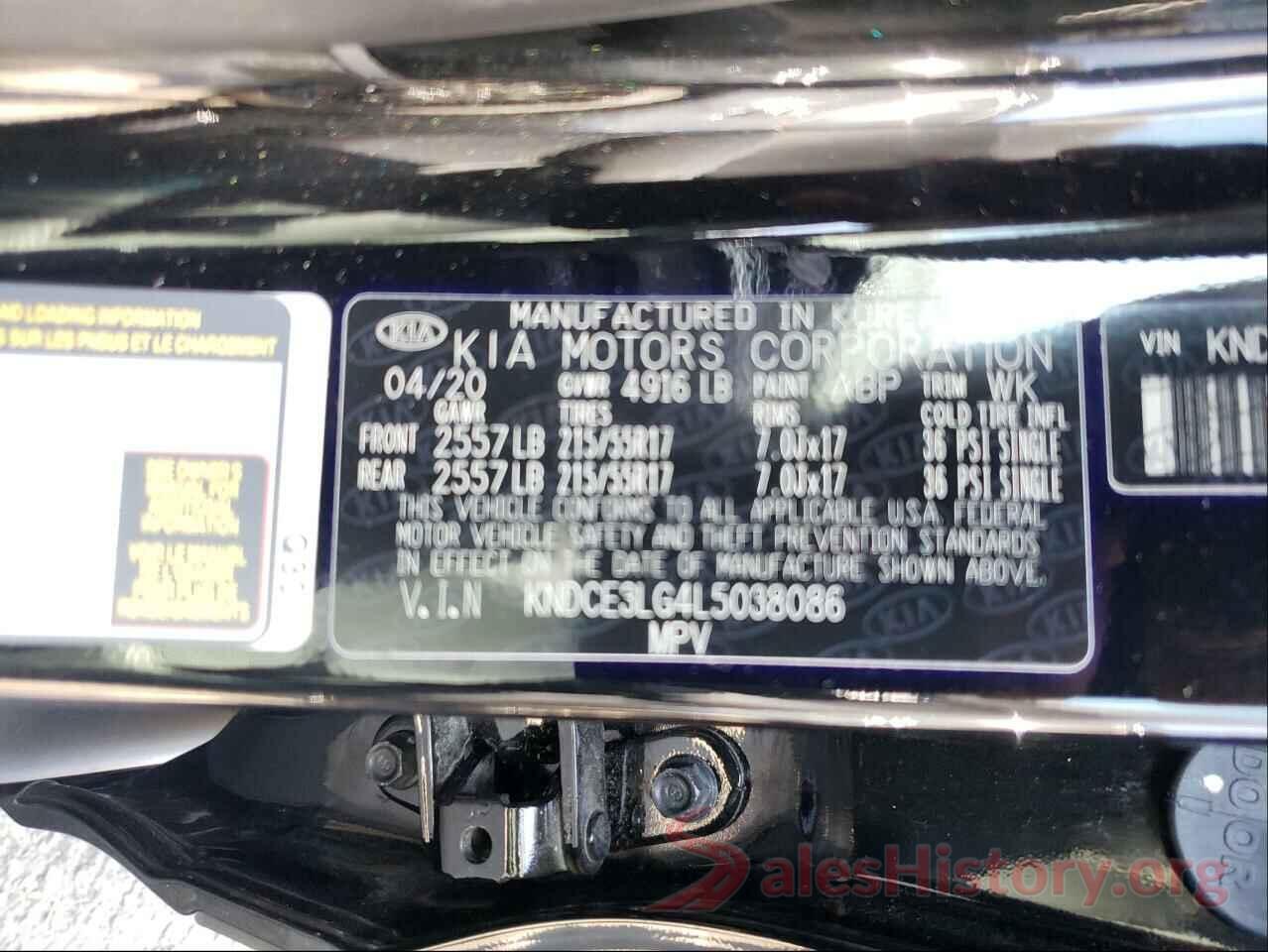 KNDCE3LG4L5038086 2020 KIA NIRO