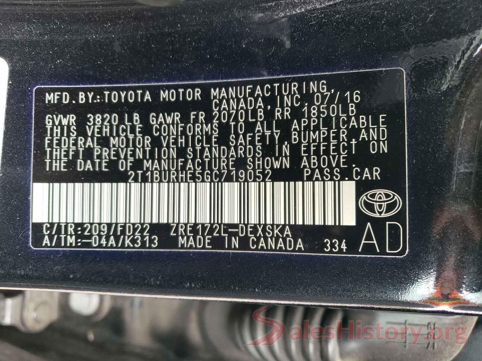 2T1BURHE5GC719052 2016 TOYOTA COROLLA