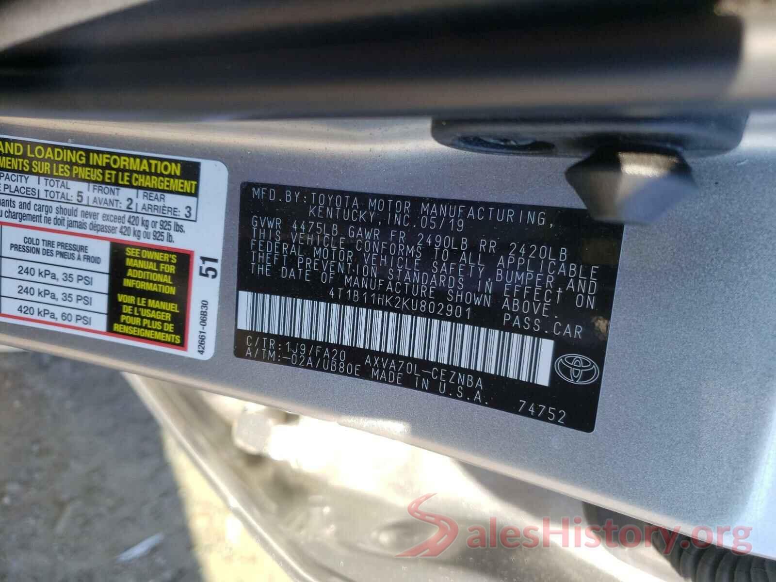 4T1B11HK2KU802901 2019 TOYOTA CAMRY