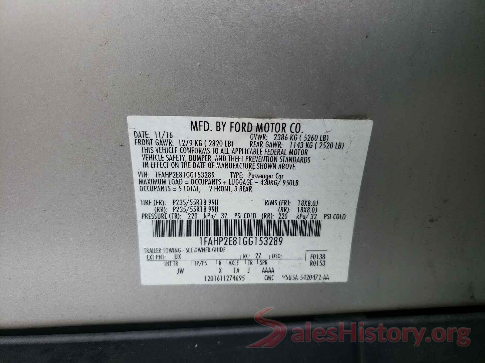 1FAHP2E81GG153289 2016 FORD TAURUS