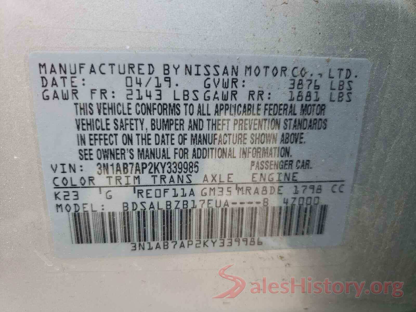 3N1AB7AP2KY339986 2019 NISSAN SENTRA