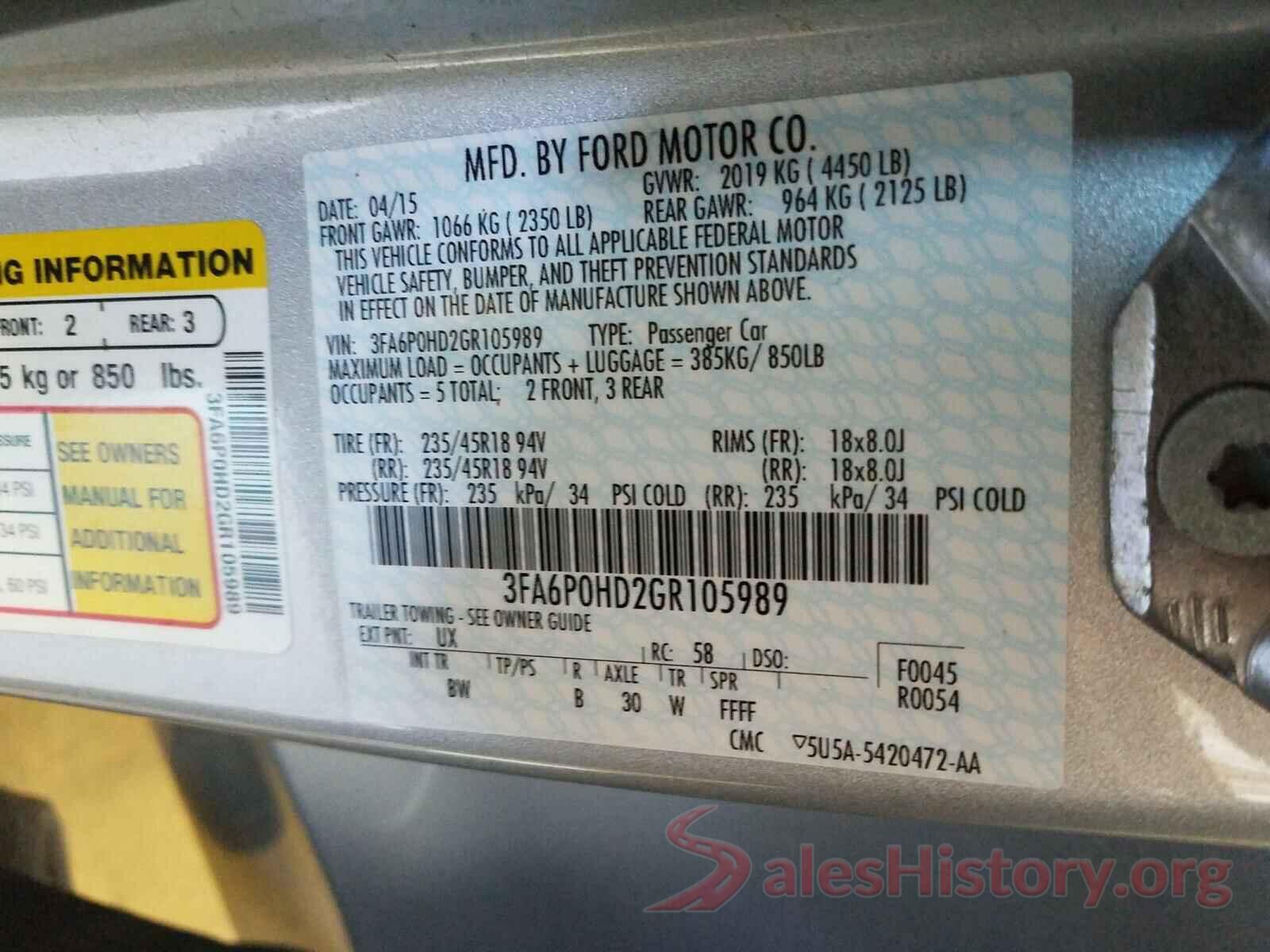 3FA6P0HD2GR105989 2016 FORD FUSION