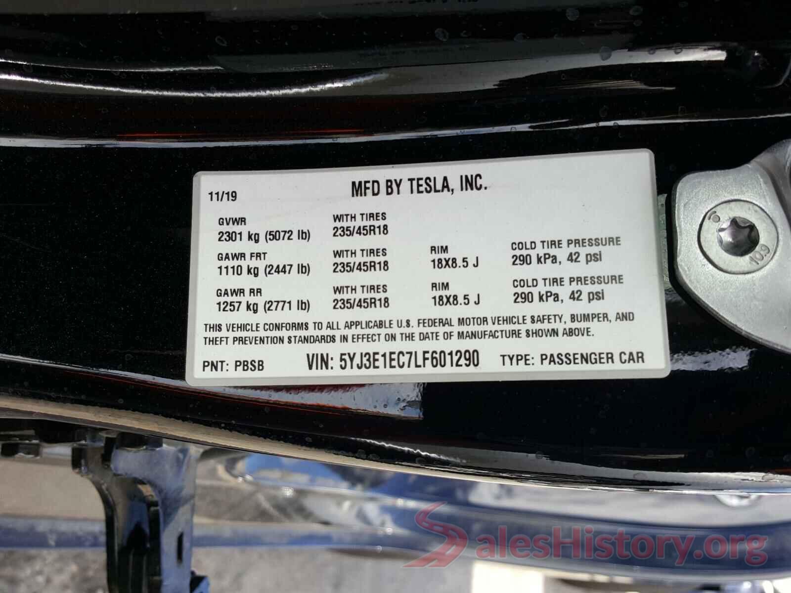 5YJ3E1EC7LF601290 2020 TESLA MODEL 3