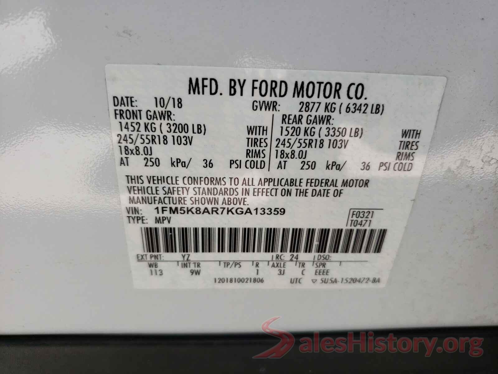 1FM5K8AR7KGA13359 2019 FORD EXPLORER