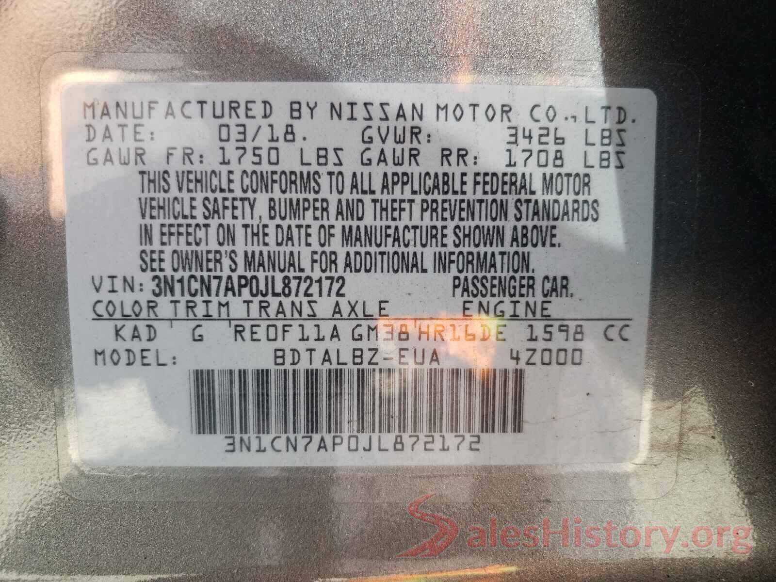 3N1CN7AP0JL872172 2018 NISSAN VERSA