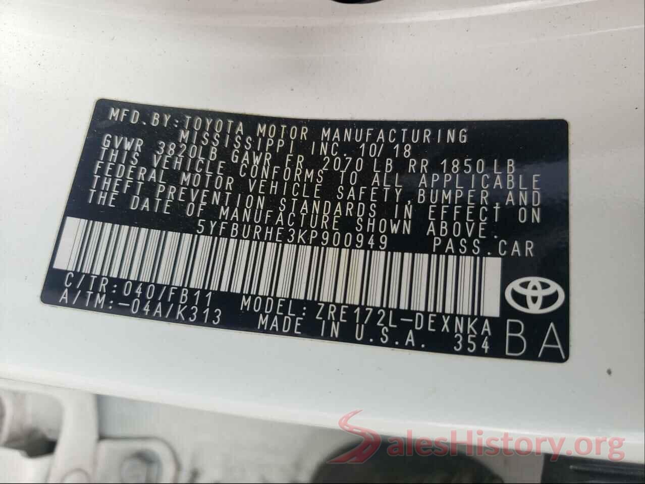 5YFBURHE3KP900949 2019 TOYOTA COROLLA