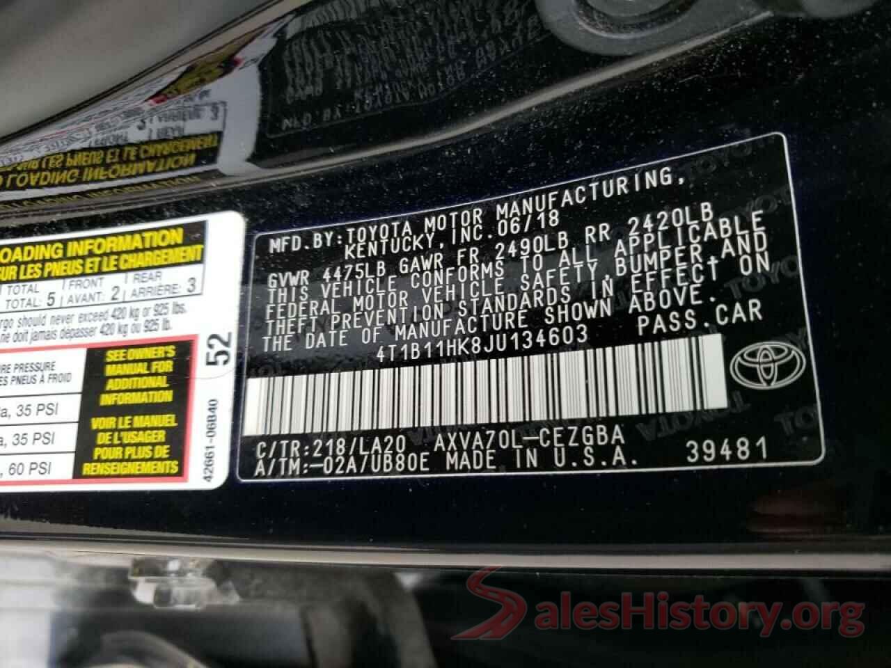 4T1B11HK8JU134603 2018 TOYOTA CAMRY