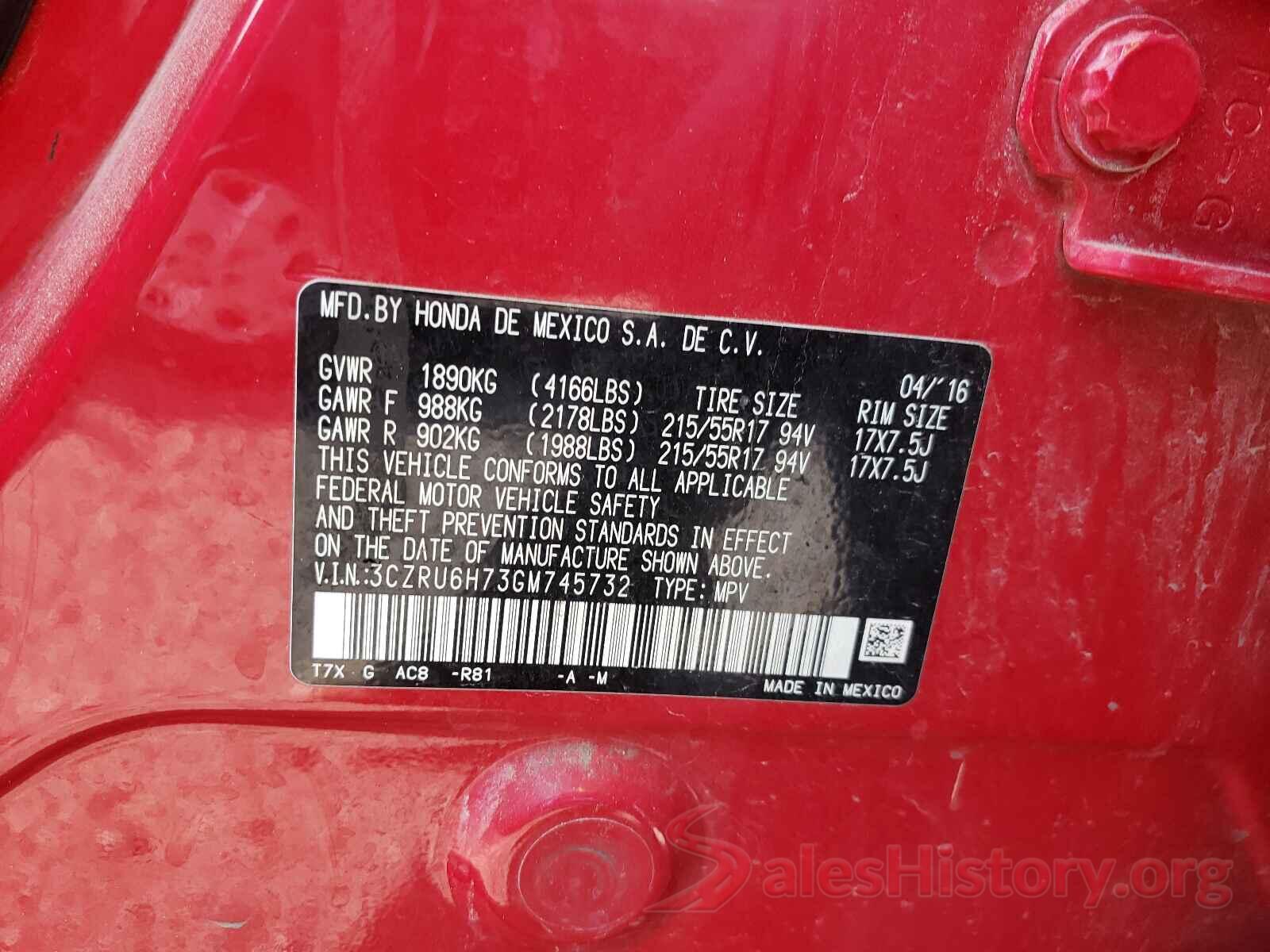 3CZRU6H73GM745732 2016 HONDA HR-V