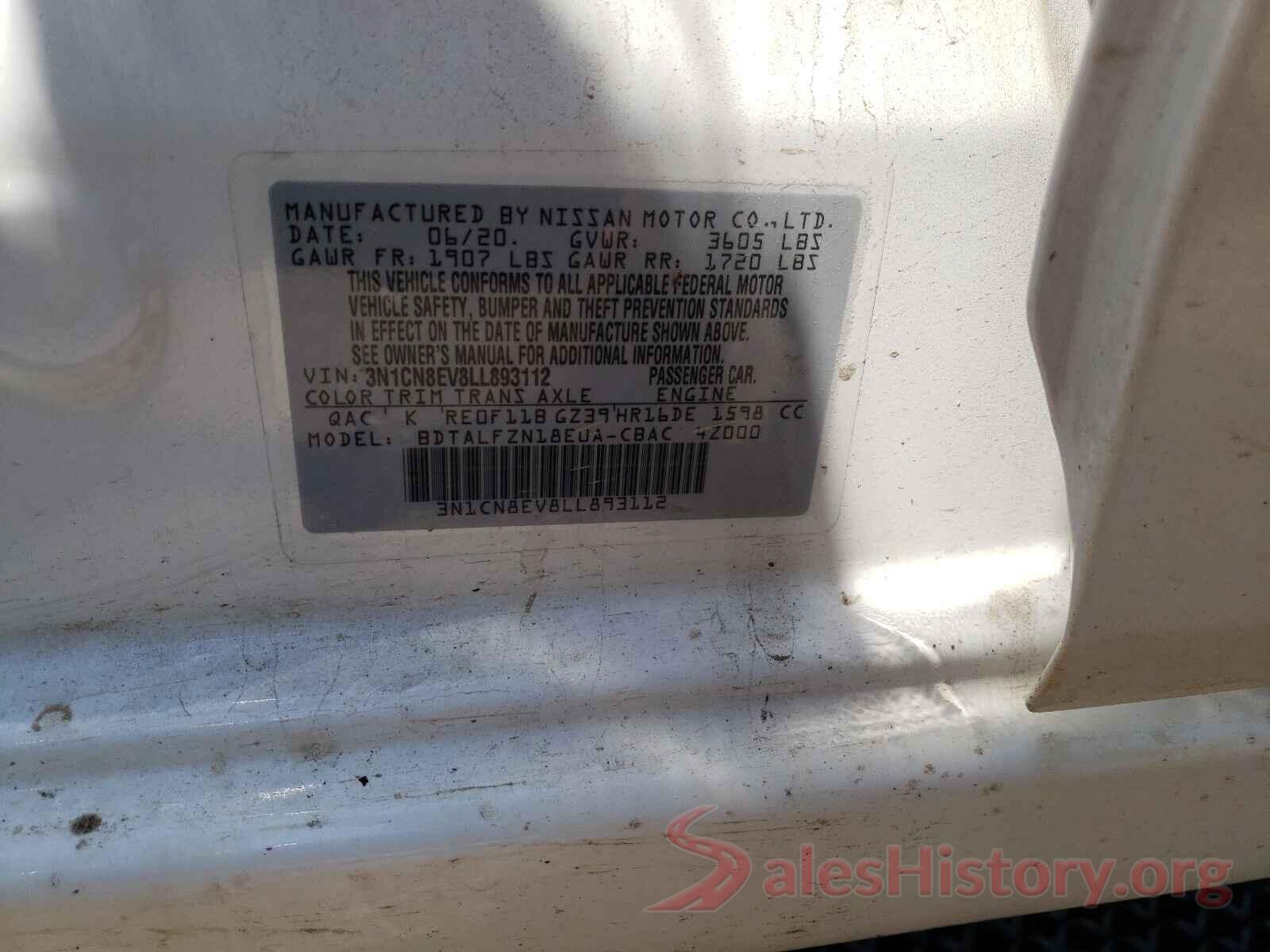 3N1CN8EV8LL893112 2020 NISSAN VERSA