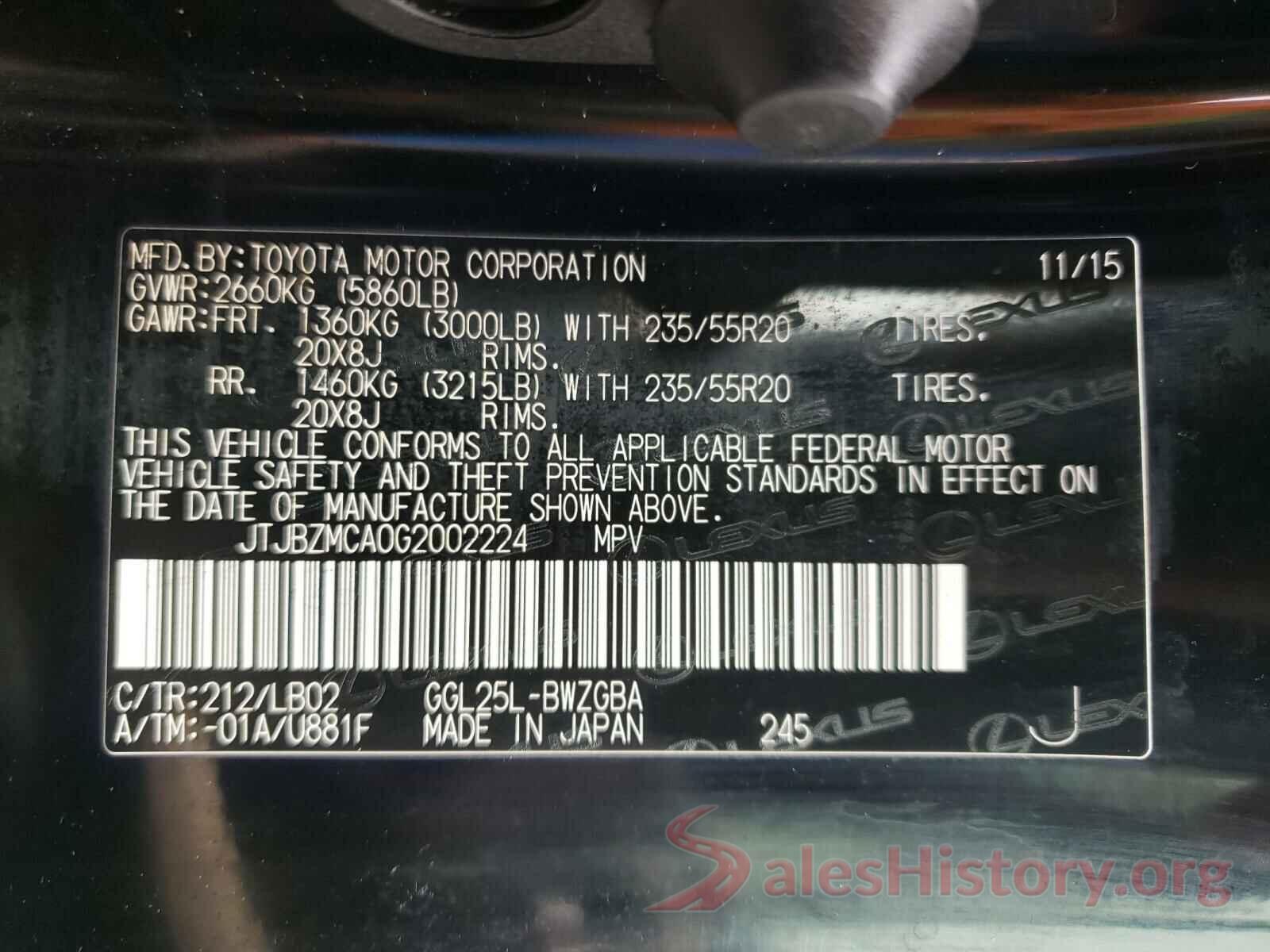 JTJBZMCA0G2002224 2016 LEXUS RX350