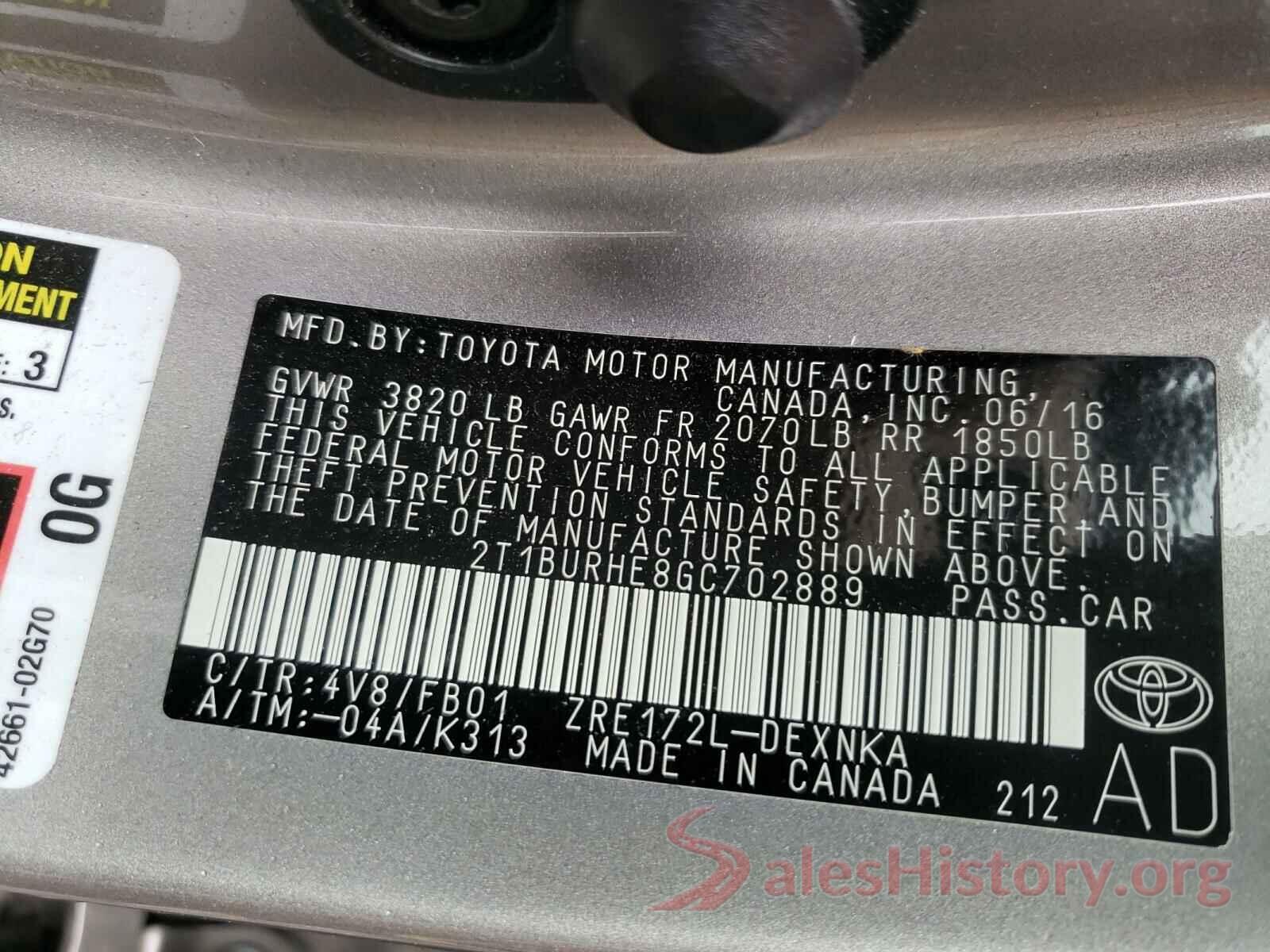 2T1BURHE8GC702889 2016 TOYOTA COROLLA