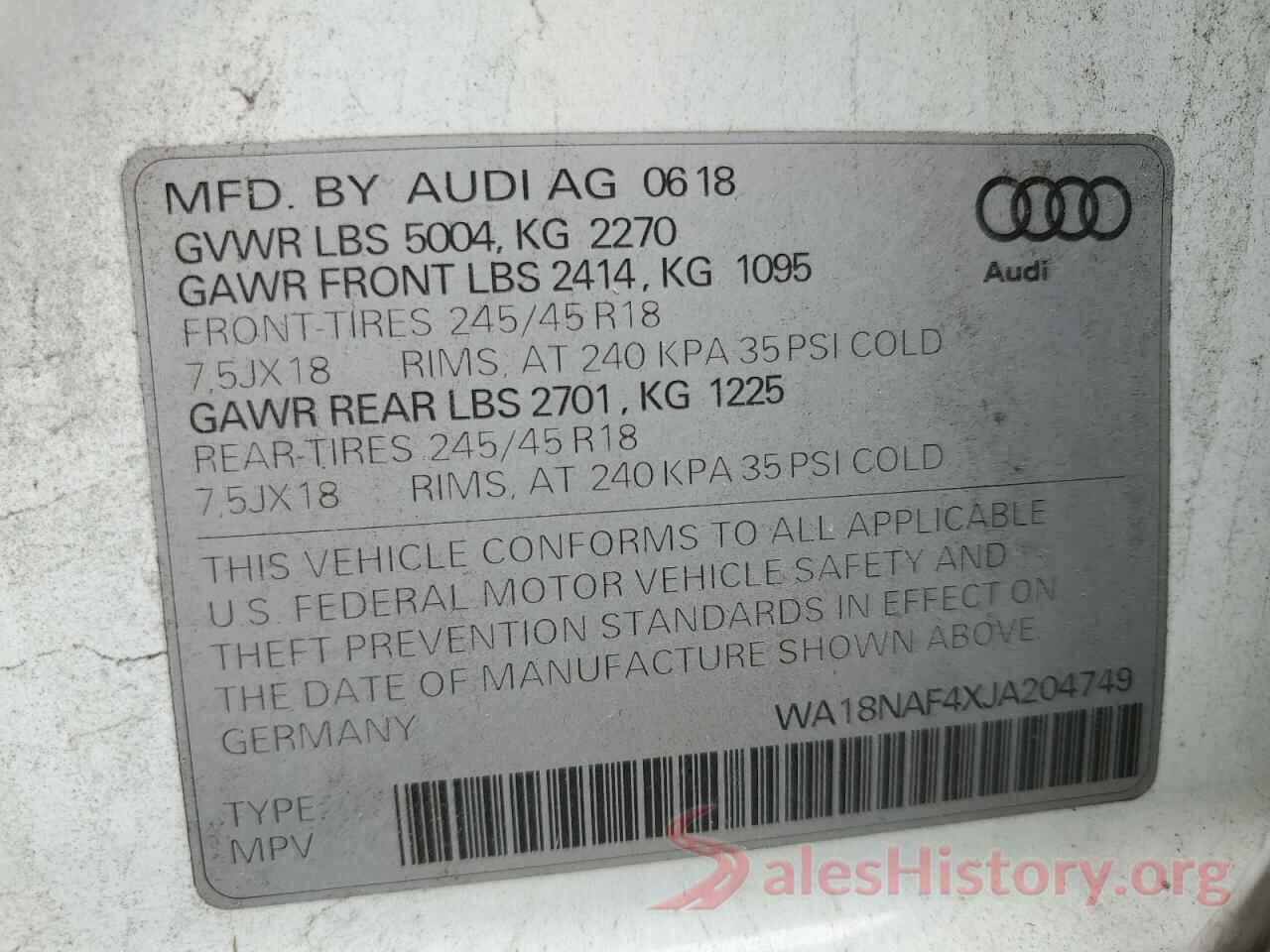 WA18NAF4XJA204749 2018 AUDI A4