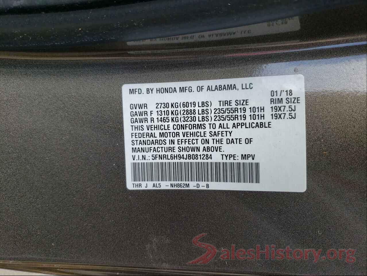 5FNRL6H94JB081284 2018 HONDA ODYSSEY