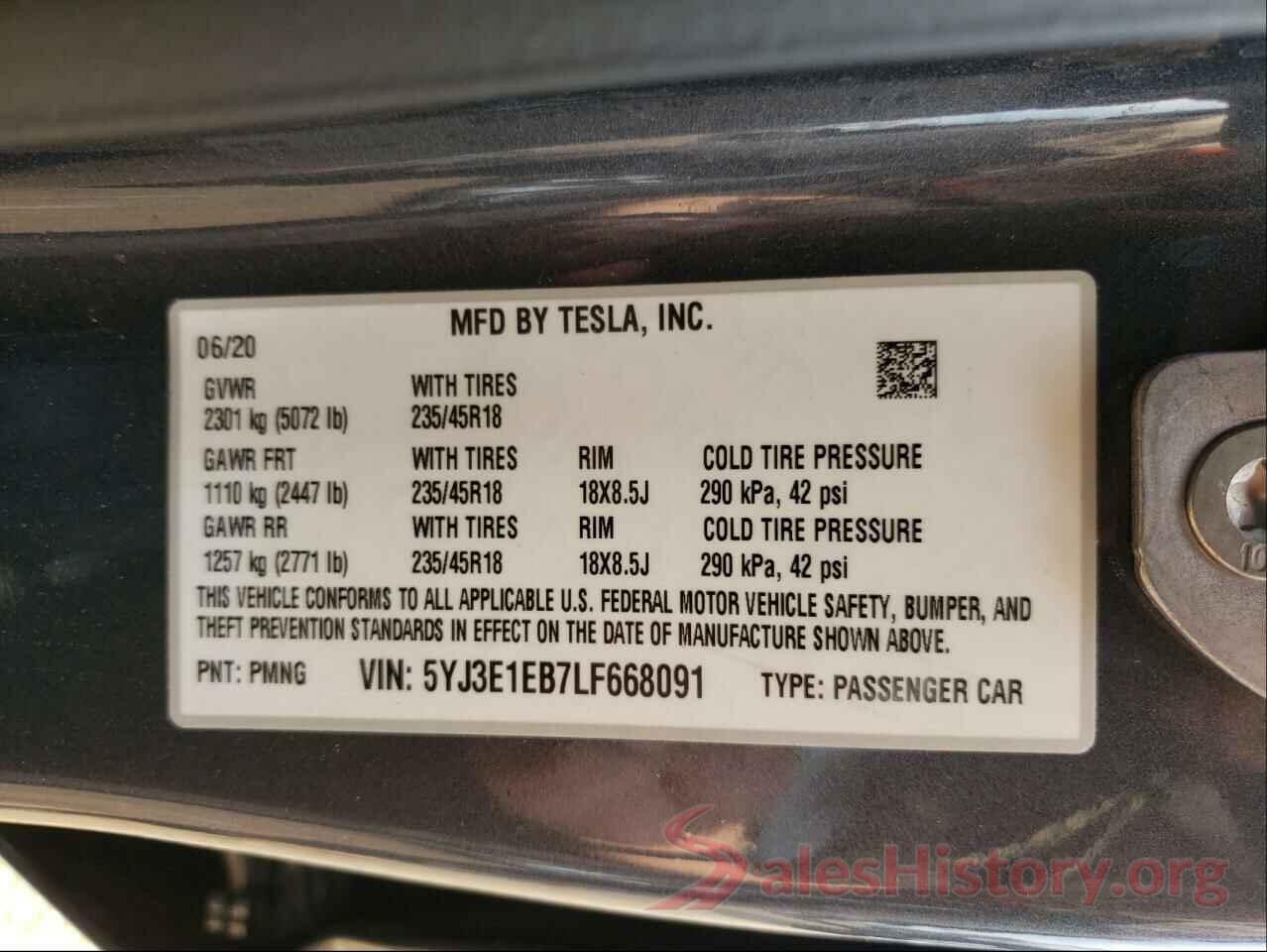 5YJ3E1EB7LF668091 2020 TESLA MODEL 3