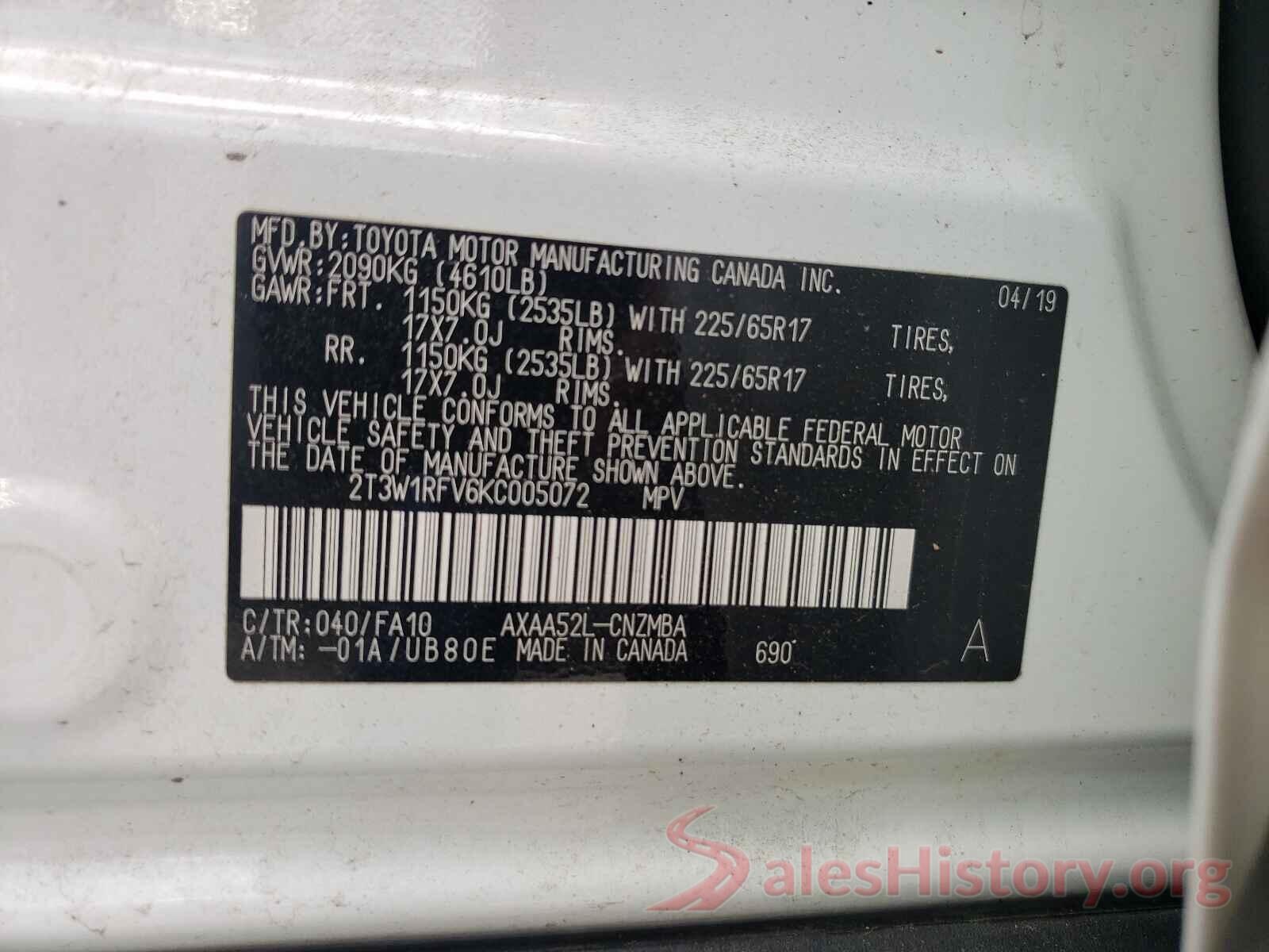 2T3W1RFV6KC005072 2019 TOYOTA RAV4