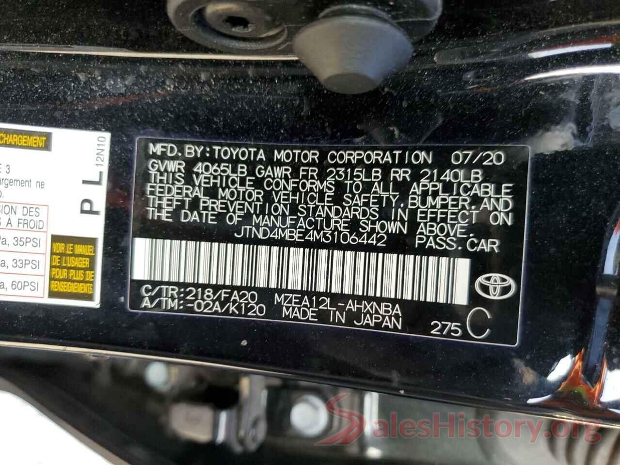 JTND4MBE4M3106442 2021 TOYOTA COROLLA