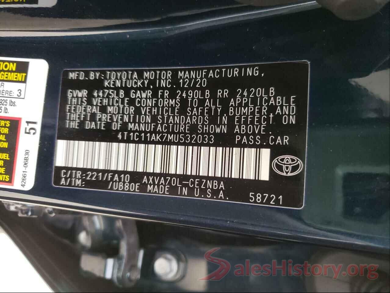 4T1C11AK7MU532033 2021 TOYOTA CAMRY