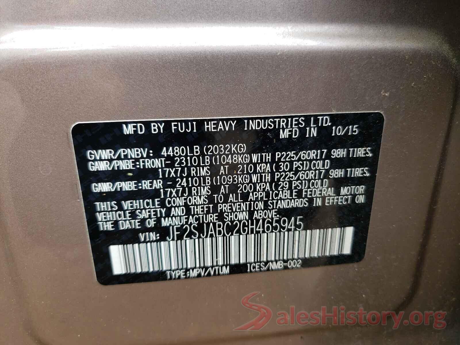 JF2SJABC2GH465945 2016 SUBARU FORESTER