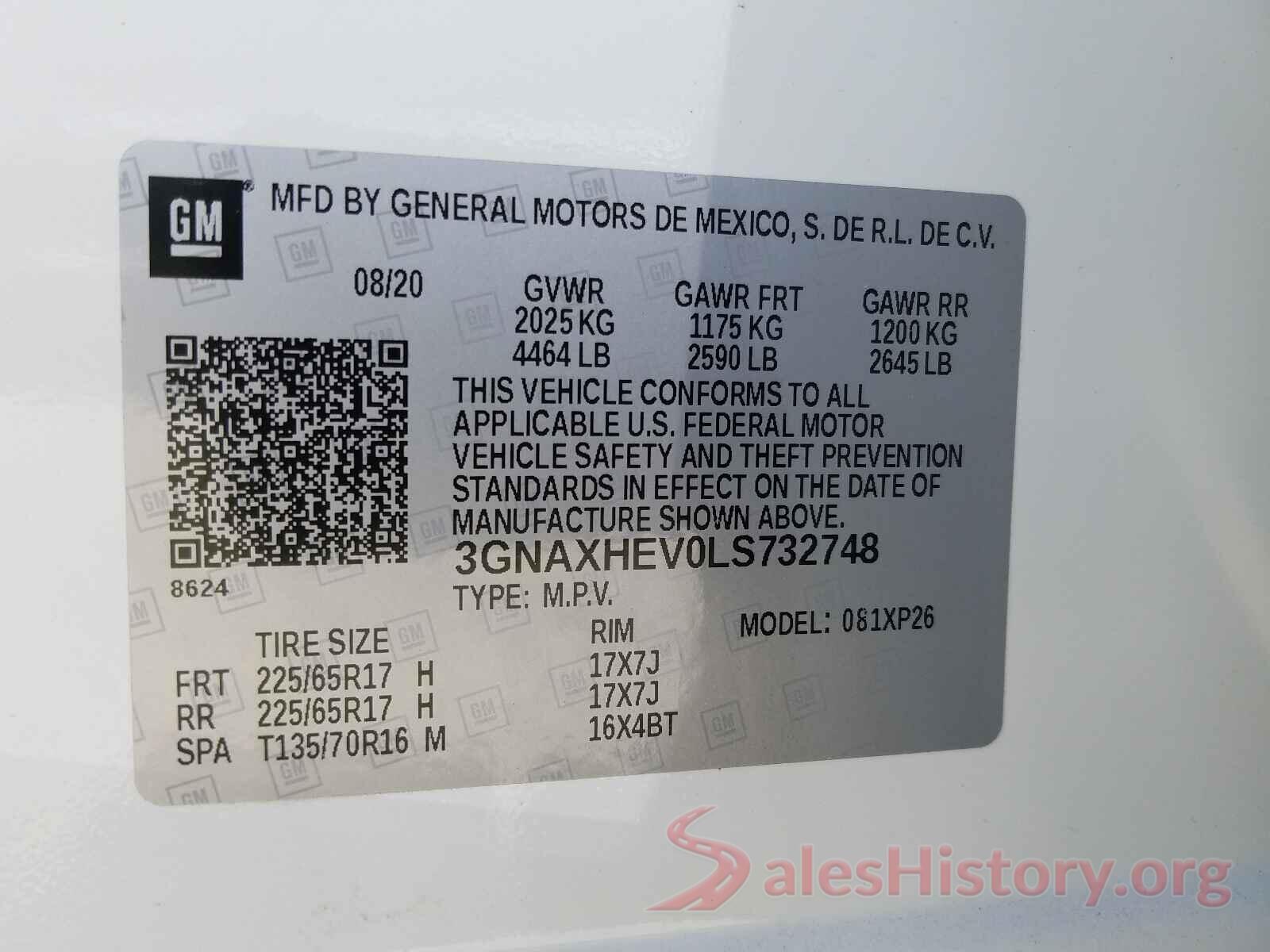 3GNAXHEV0LS732748 2020 CHEVROLET EQUINOX