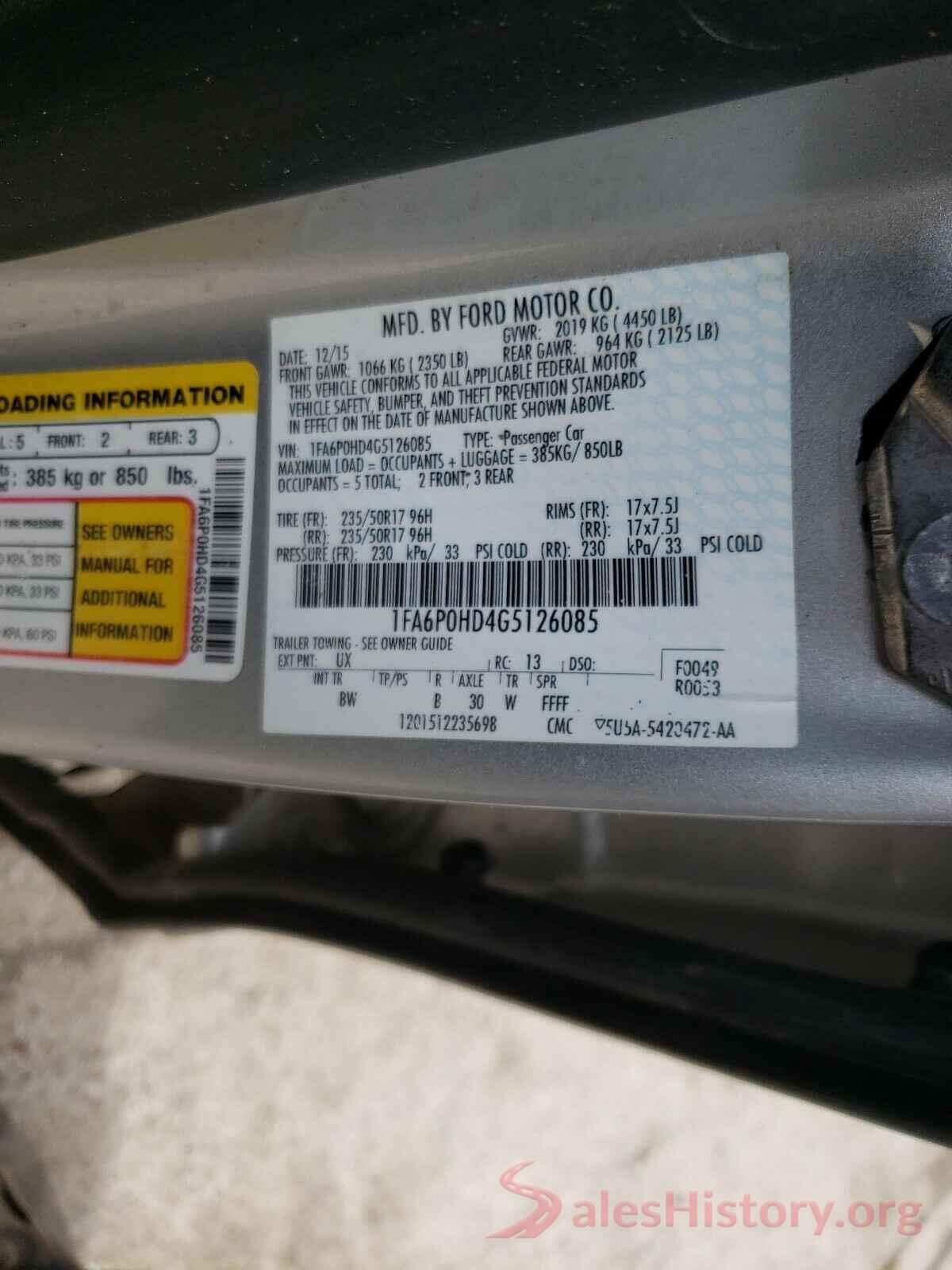 1FA6P0HD4G5126085 2016 FORD FUSION